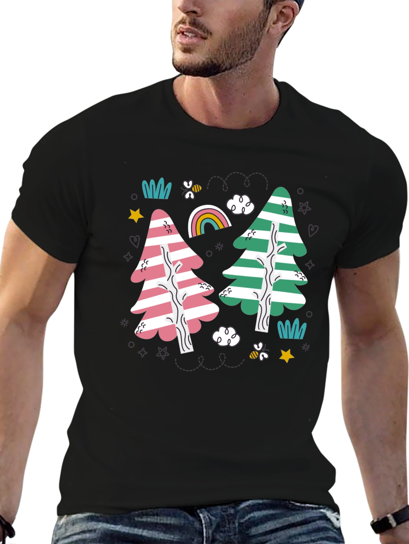 Striped Trees Black T-Shirt