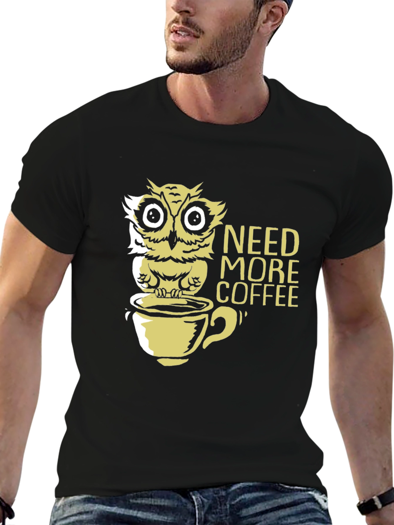 Need More Coffee Owl Graphic Tee - Black