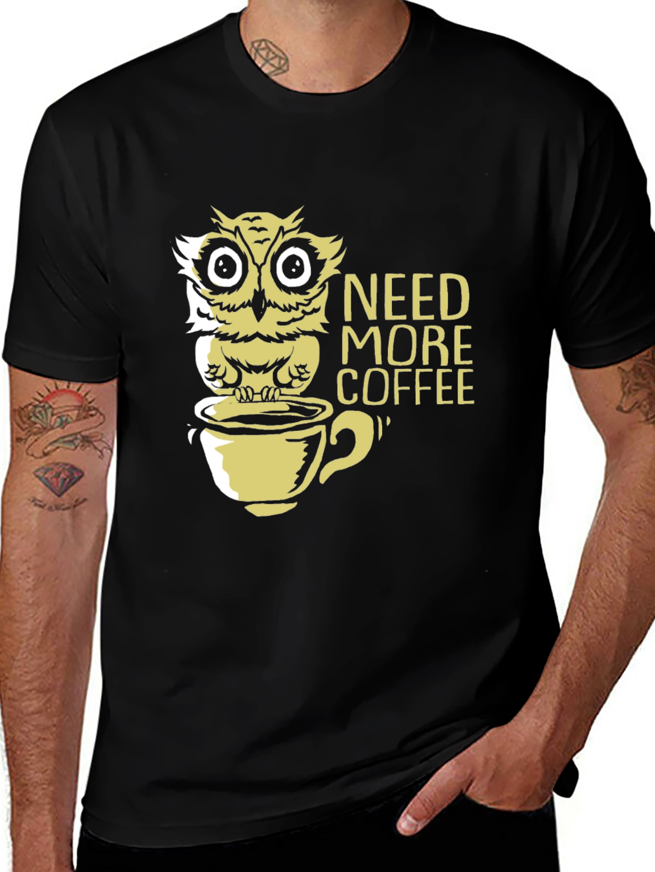 Need More Coffee Owl Graphic Tee - Black