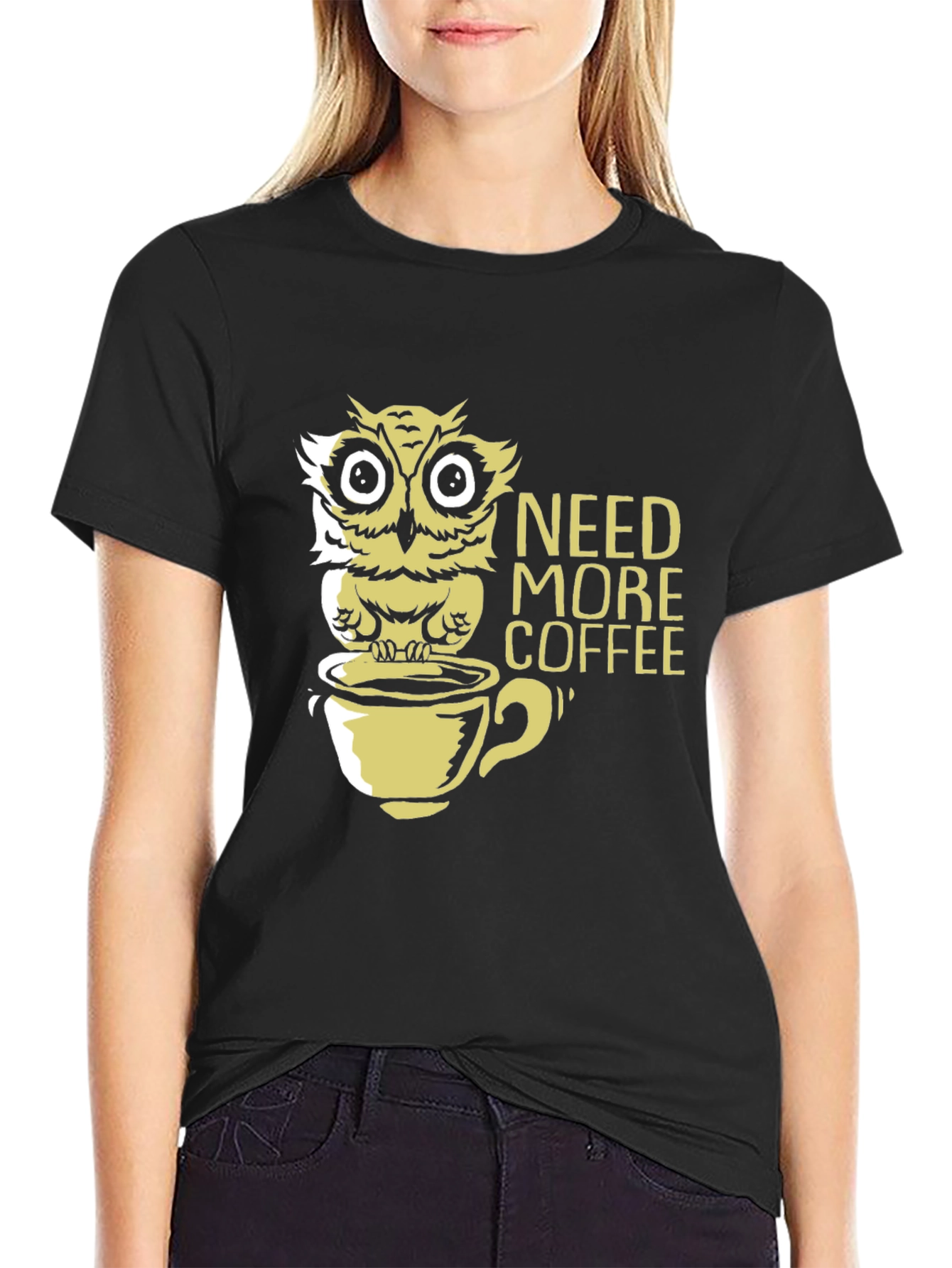 Need More Coffee Owl Graphic Tee - Black