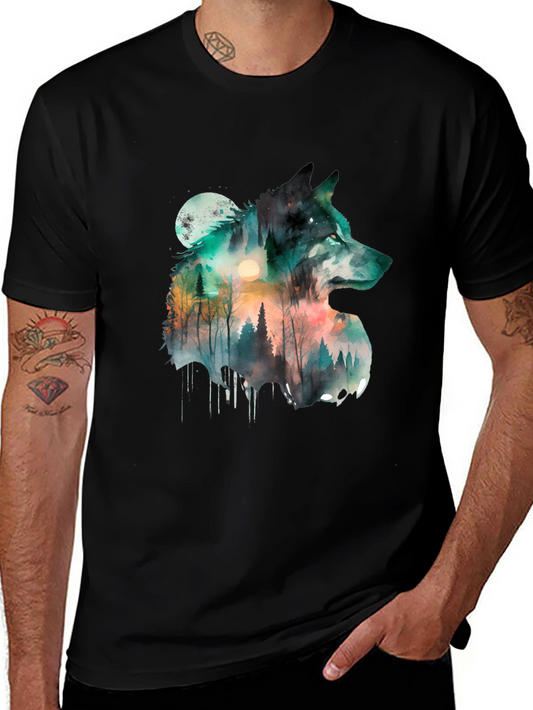 Watercolor Wolf Forest Graphic Tee - Unisex Black T-Shirt