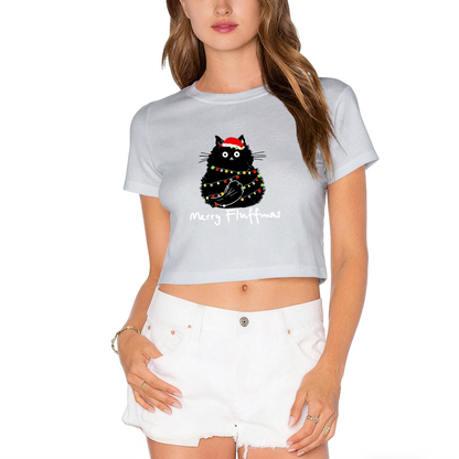 Merry Fluffmas Black Cat Tangled In Xmas Lights Cute Holiday Crop Tee