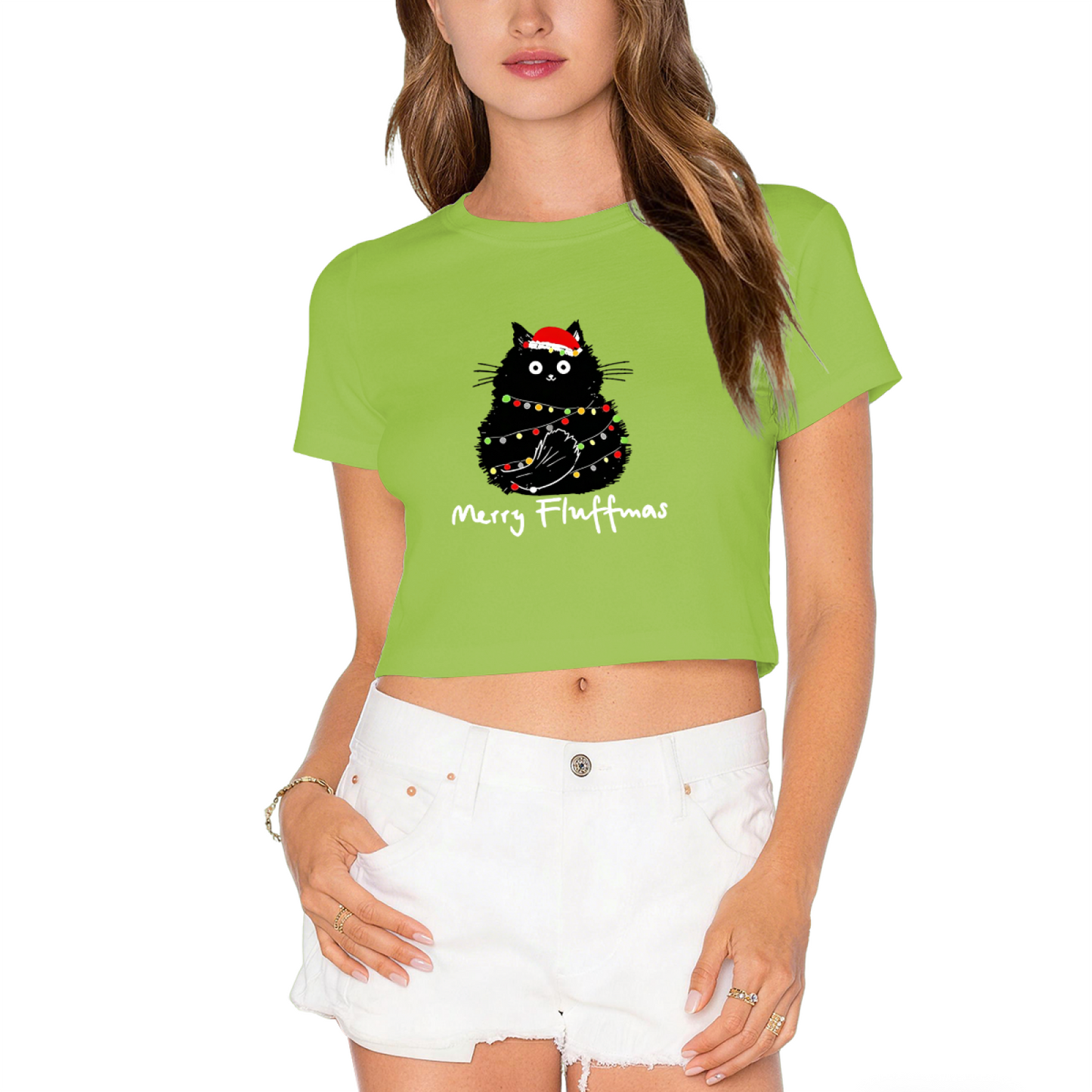 Merry Fluffmas Black Cat Tangled In Xmas Lights Cute Holiday Crop Tee