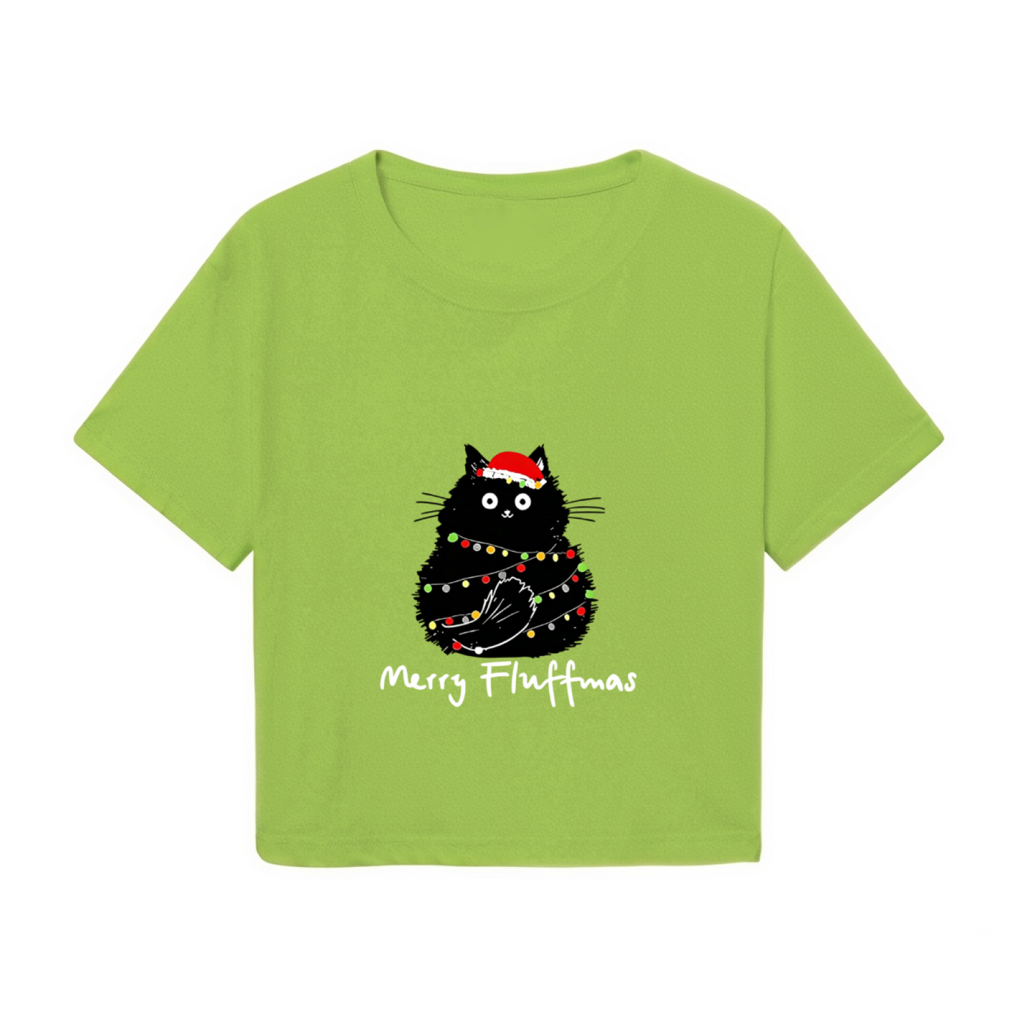 Merry Fluffmas Black Cat Tangled In Xmas Lights Cute Holiday Crop Tee