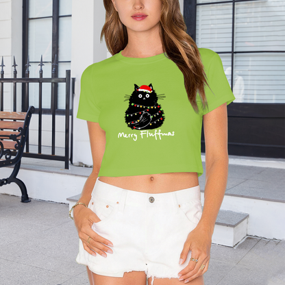 Merry Fluffmas Black Cat Tangled In Xmas Lights Cute Holiday Crop Tee