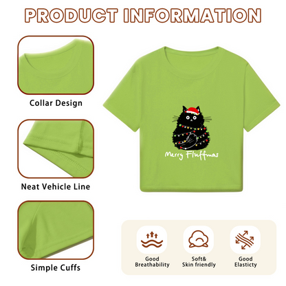 Merry Fluffmas Black Cat Tangled In Xmas Lights Cute Holiday Crop Tee