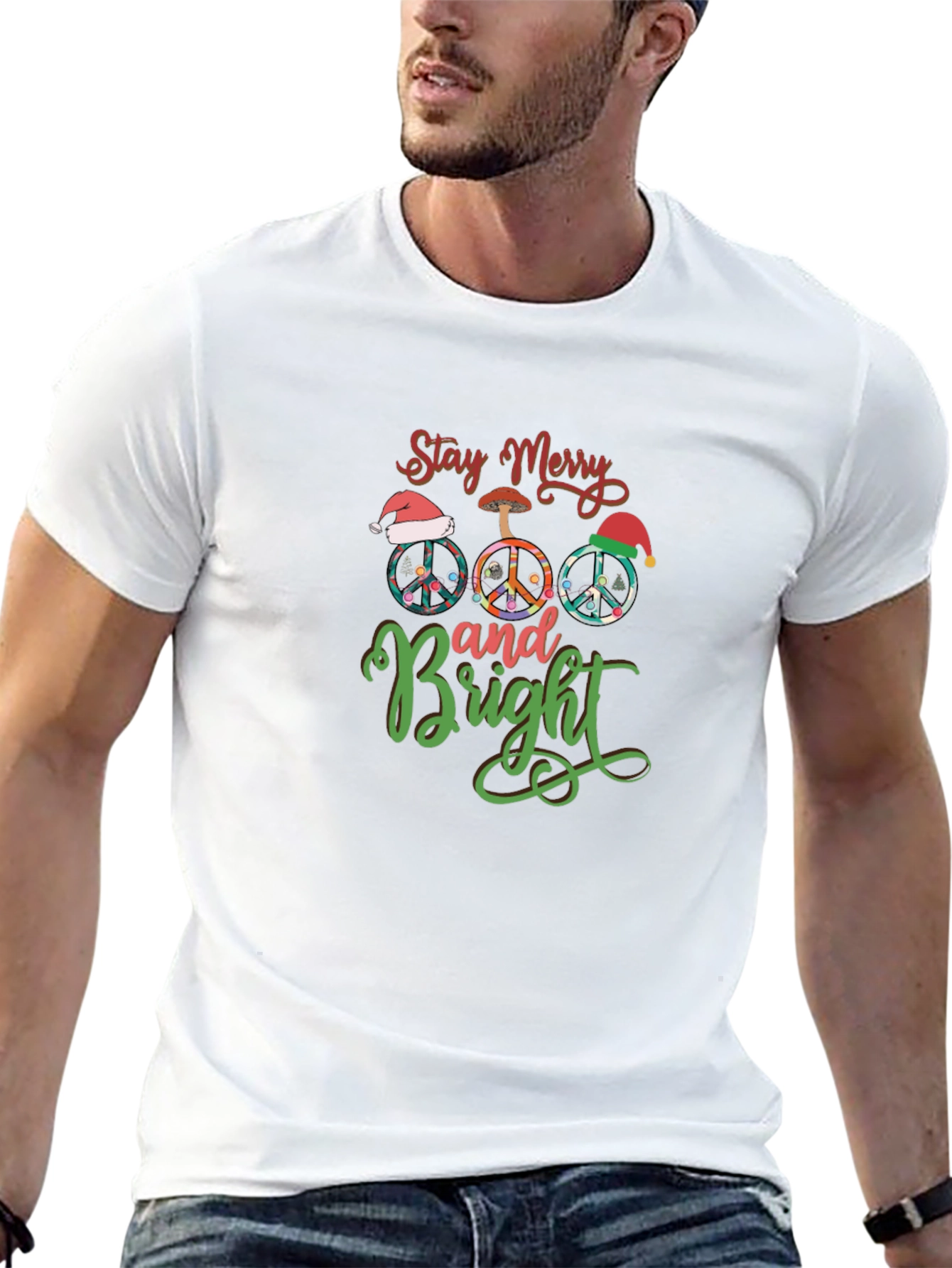 Stay Merry and Bright Christmas Peace Sign Graphic Tee
