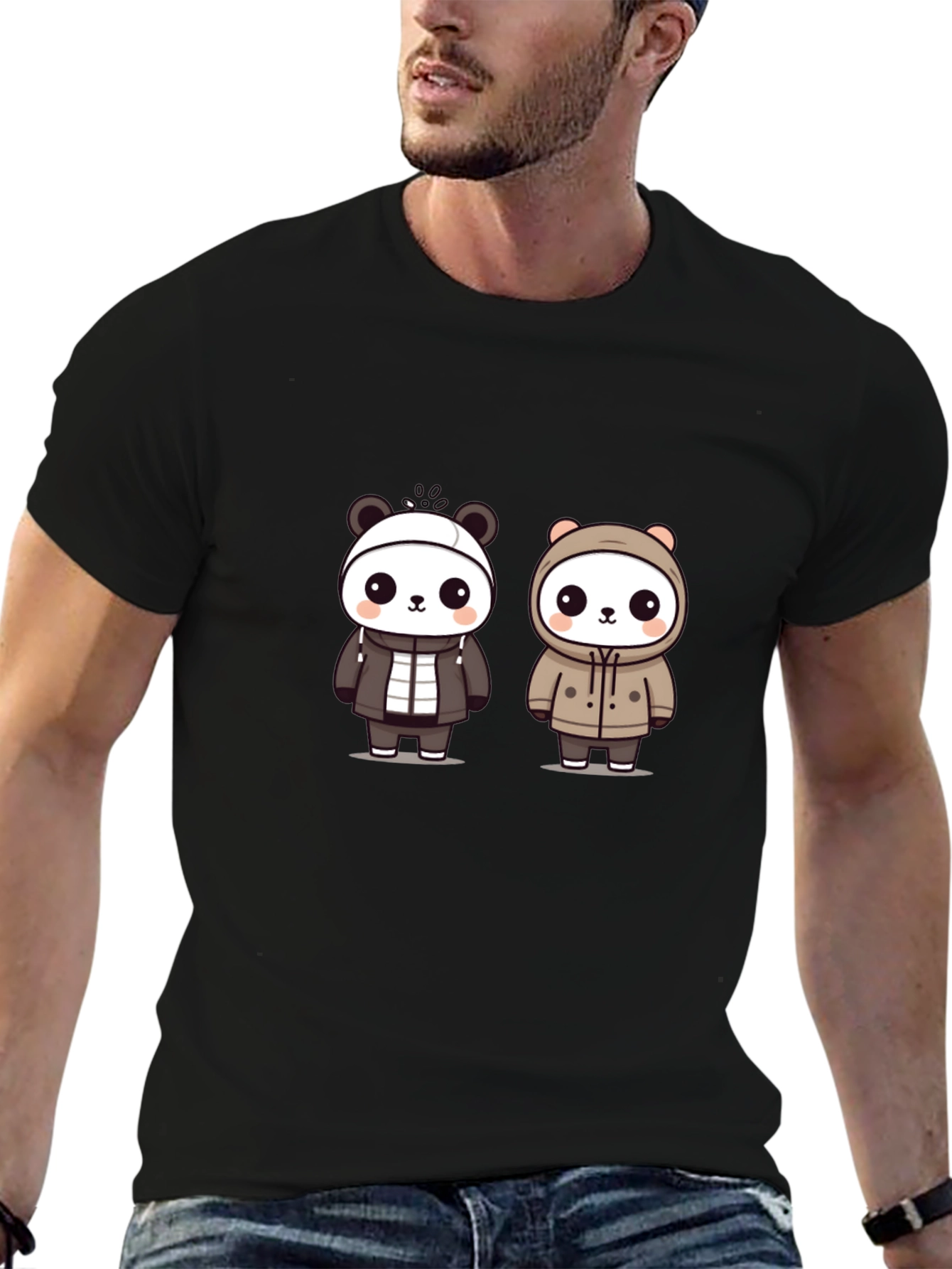 Cute Panda Duo Graphic Tee - Black
