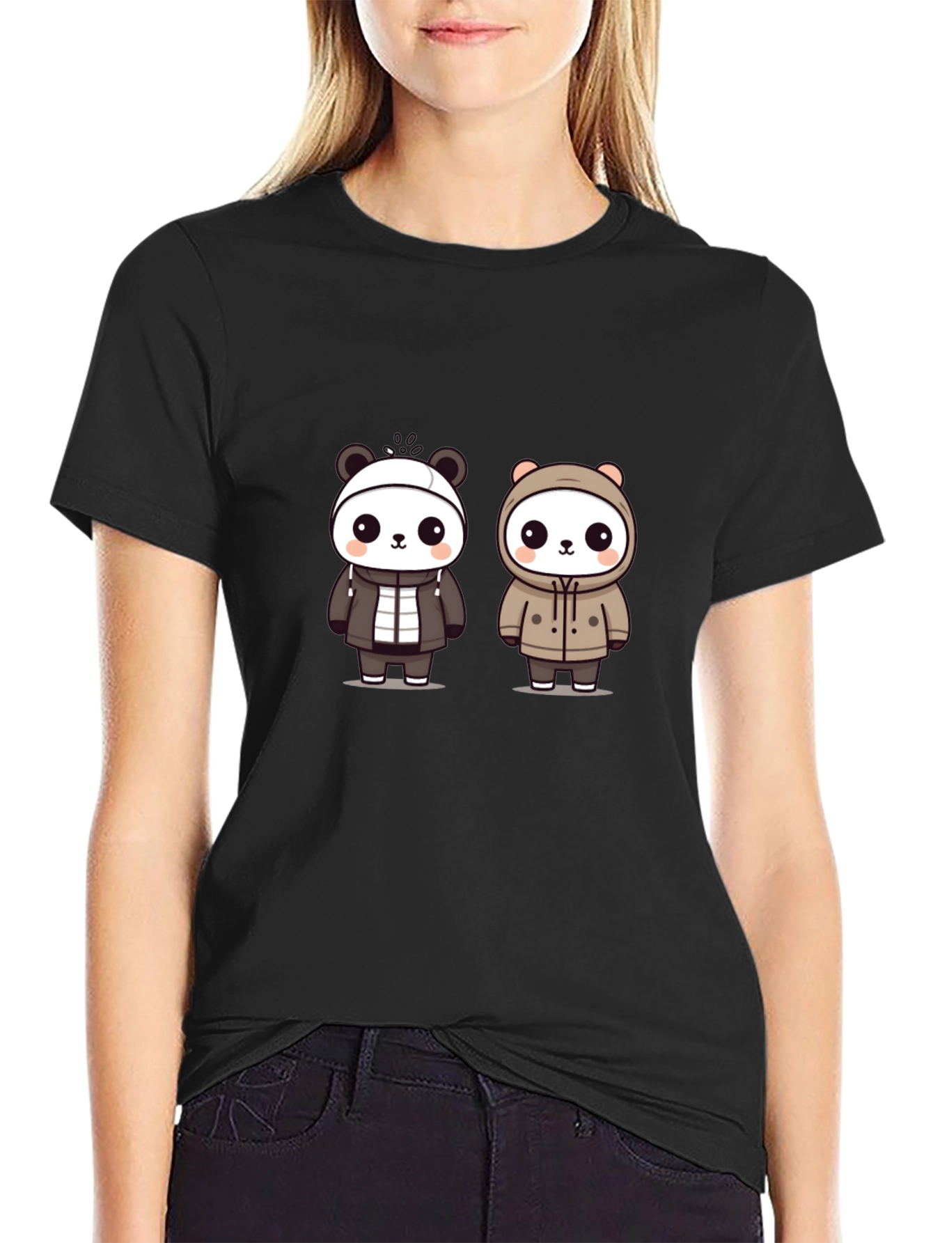 Cute Panda Duo Graphic Tee - Black