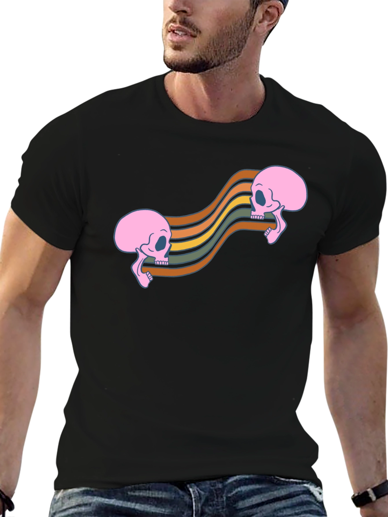 Retro Skull Wave Tee - Black Graphic T-Shirt
