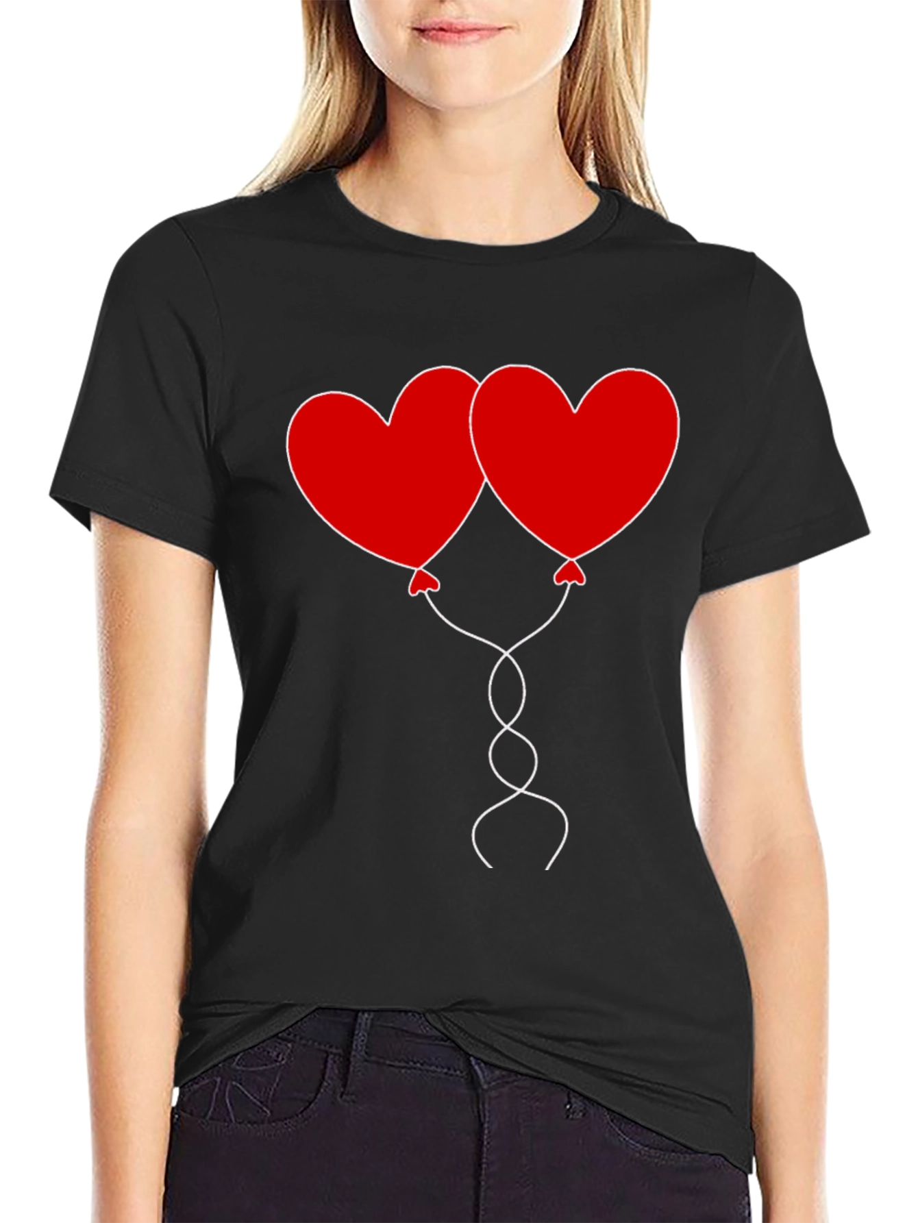 Heart Balloons Graphic Tee - Black Cotton Casual Shirt