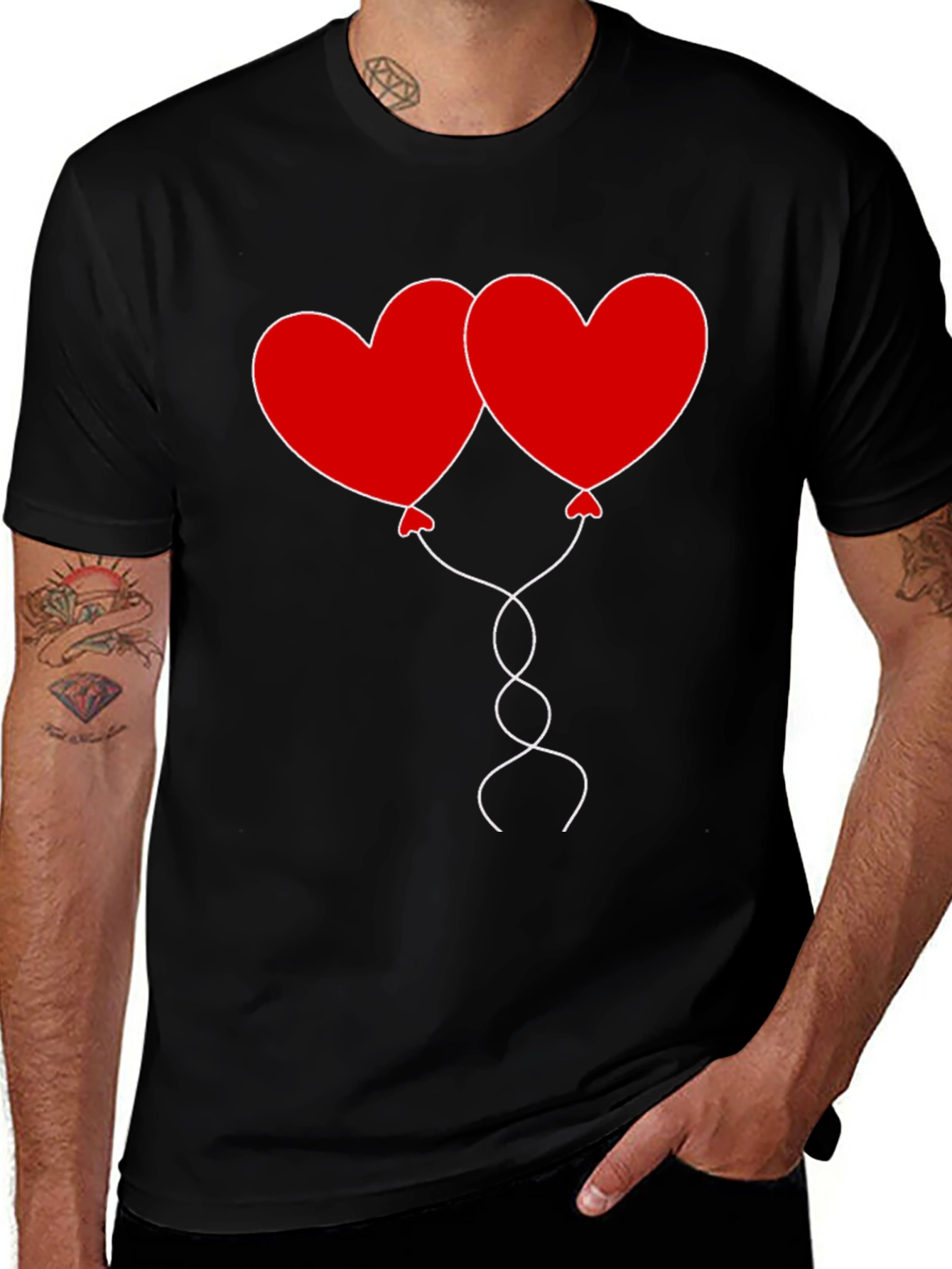 Heart Balloons Graphic Tee - Black Cotton Casual Shirt