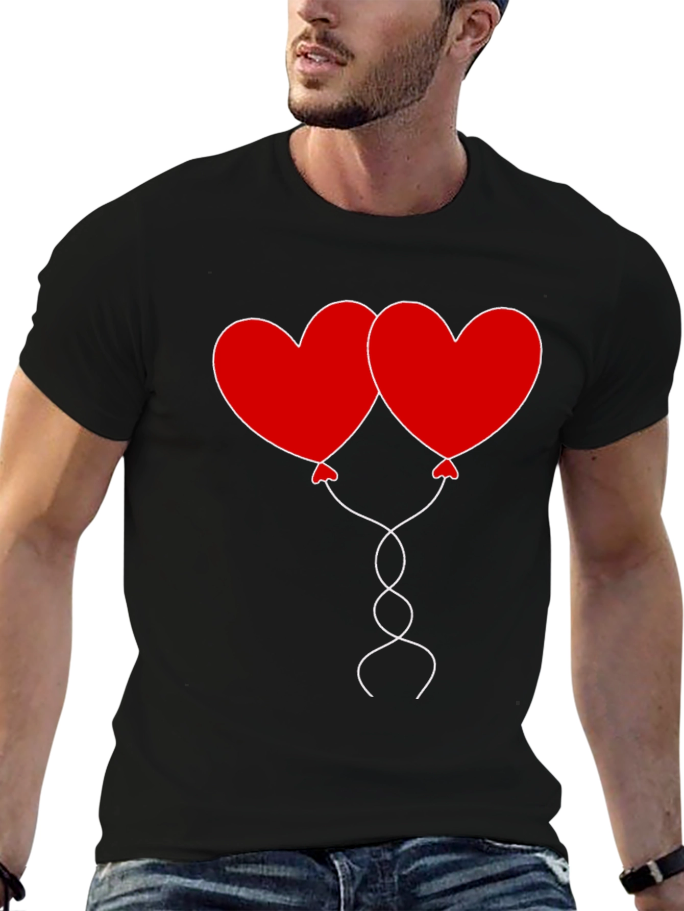 Heart Balloons Graphic Tee - Black Cotton Casual Shirt