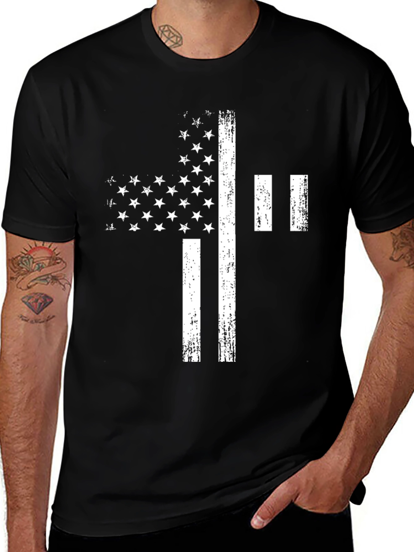 Distressed American Flag Cross Graphic T-Shirt