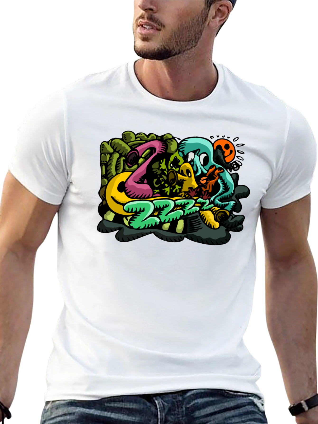 Mens Black T-Shirt with Cartoon Graphic