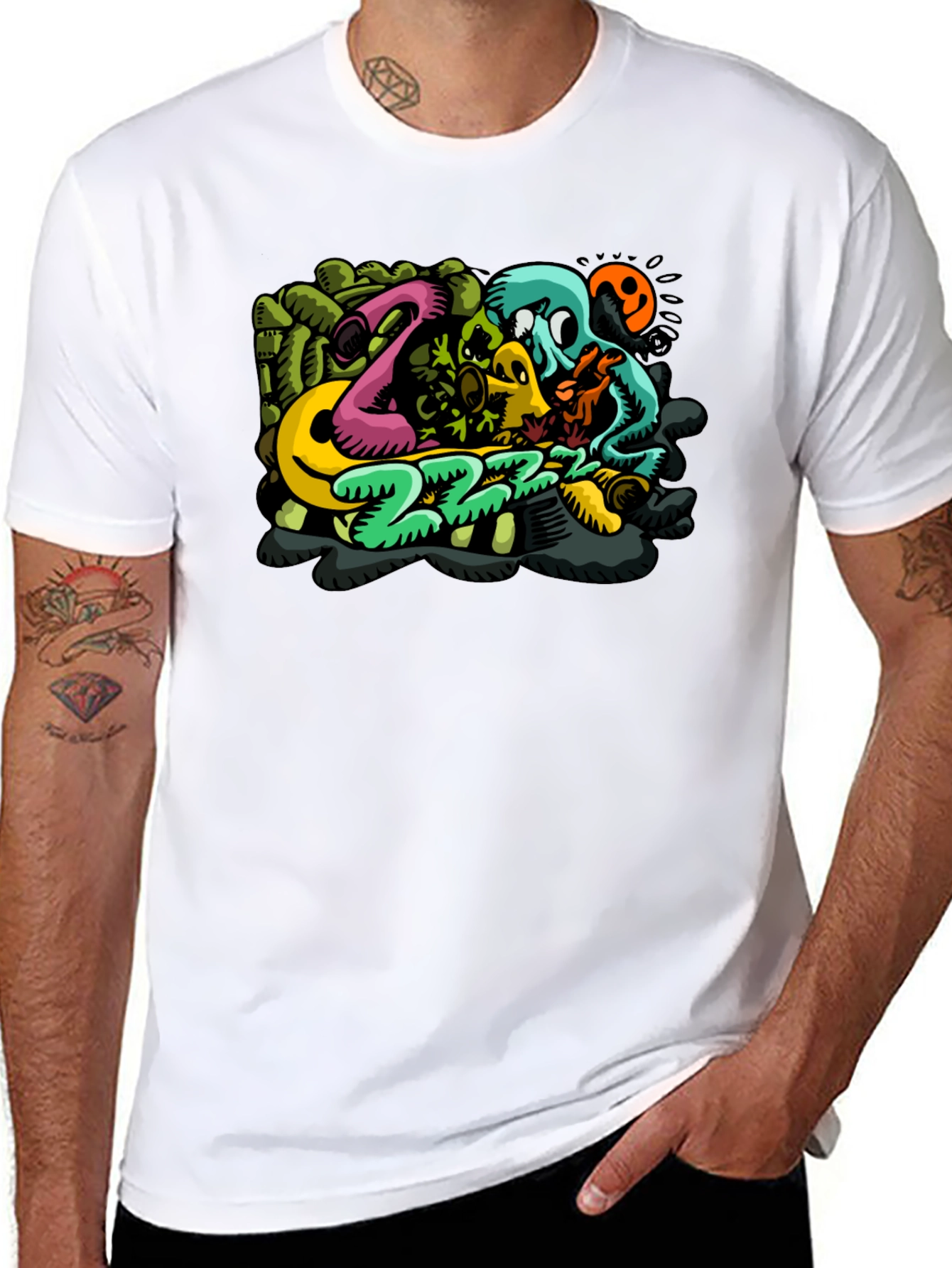 Mens Black T-Shirt with Cartoon Graphic