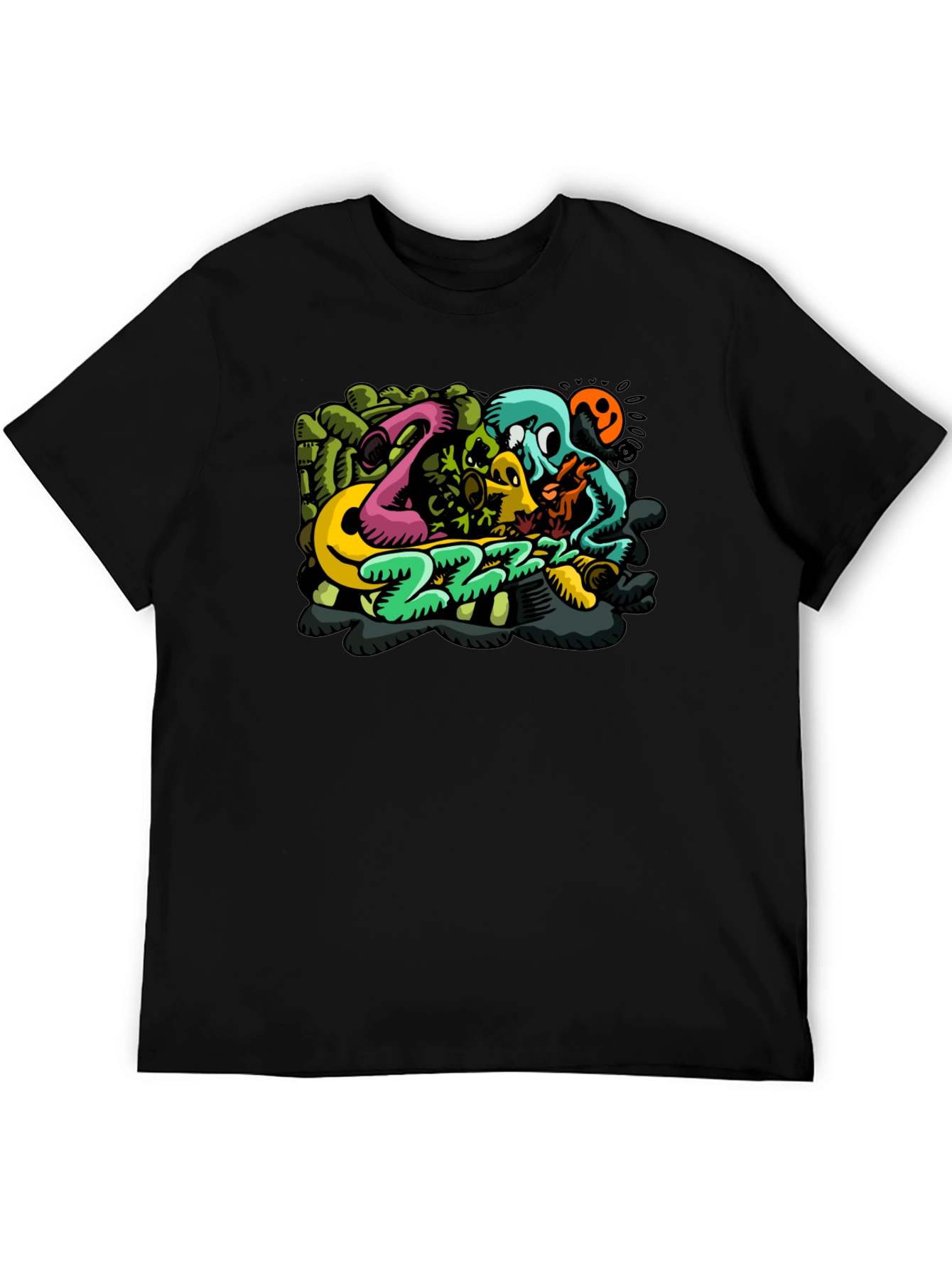 Mens Black T-Shirt with Cartoon Graphic
