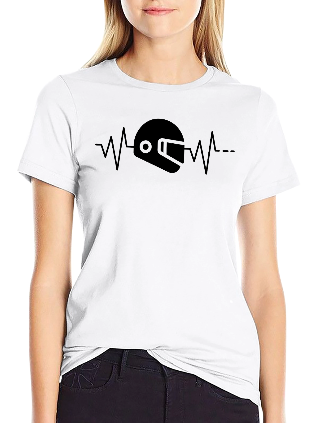 Motorcycle Helmet Heartbeat Graphic Tee - Black