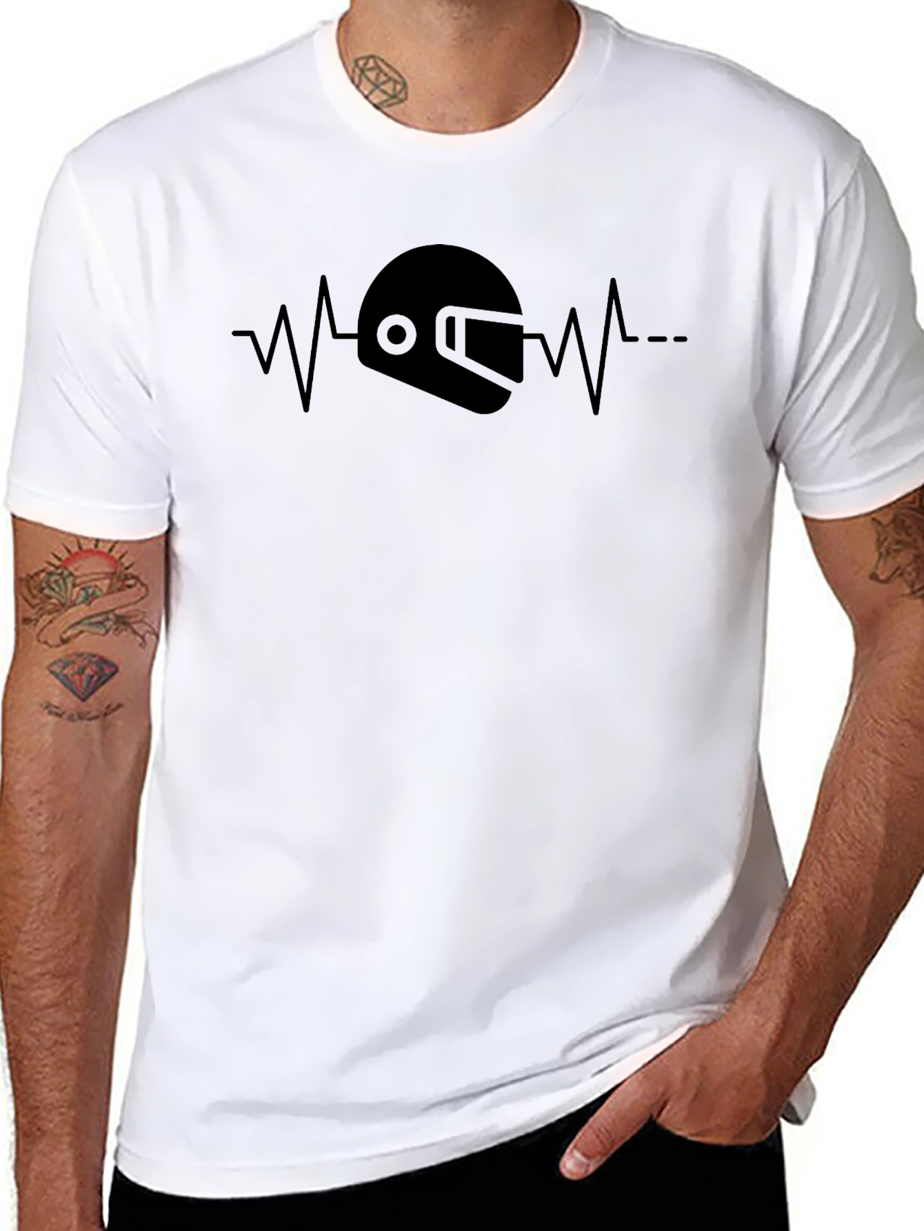 Motorcycle Helmet Heartbeat Graphic Tee - Black