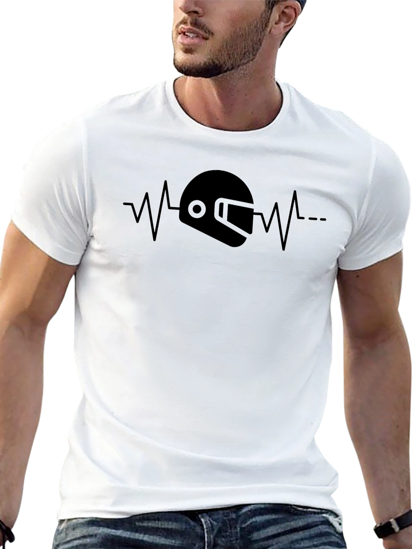 Motorcycle Helmet Heartbeat Graphic Tee - Black