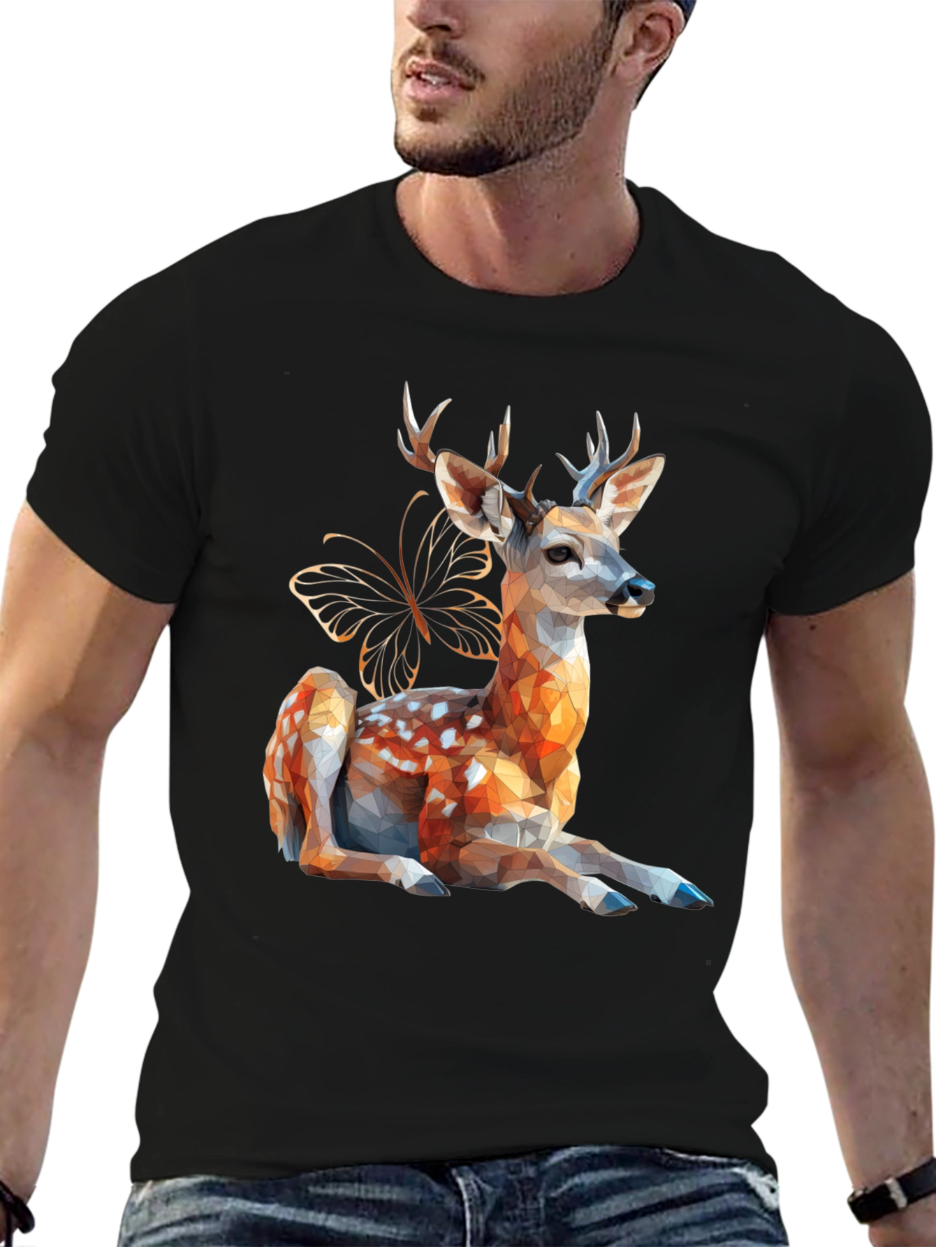 Geometric Deer & Butterfly Graphic Tee