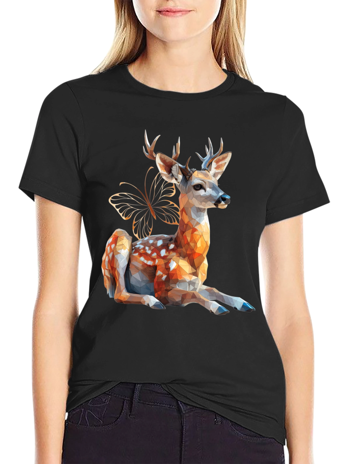 Geometric Deer & Butterfly Graphic Tee
