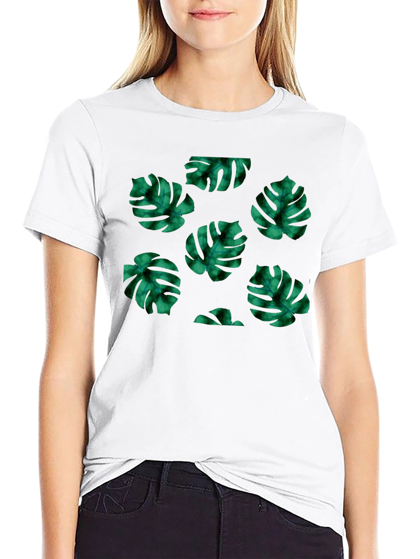 Tropical Leaf Pattern Black T-Shirt