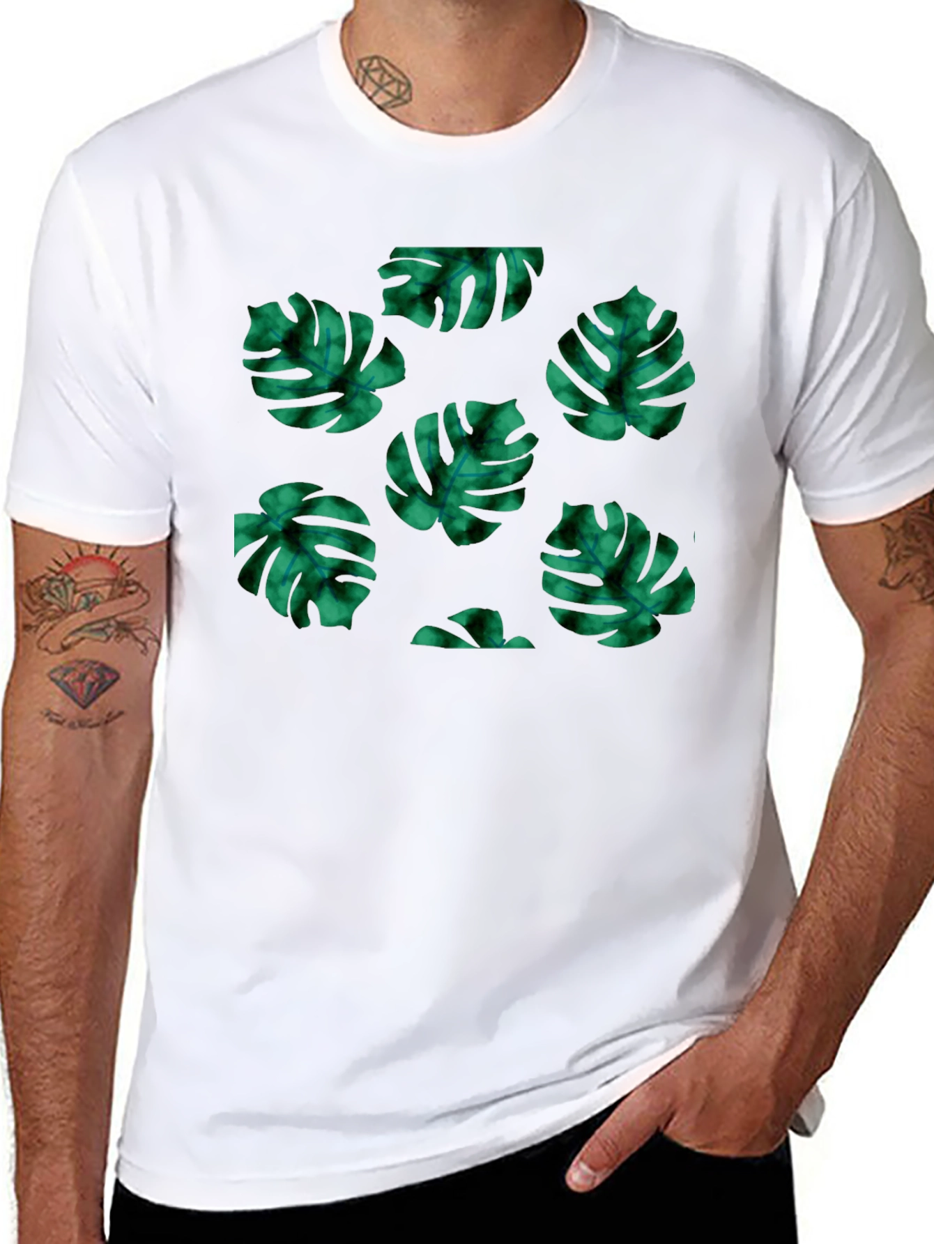Tropical Leaf Pattern Black T-Shirt