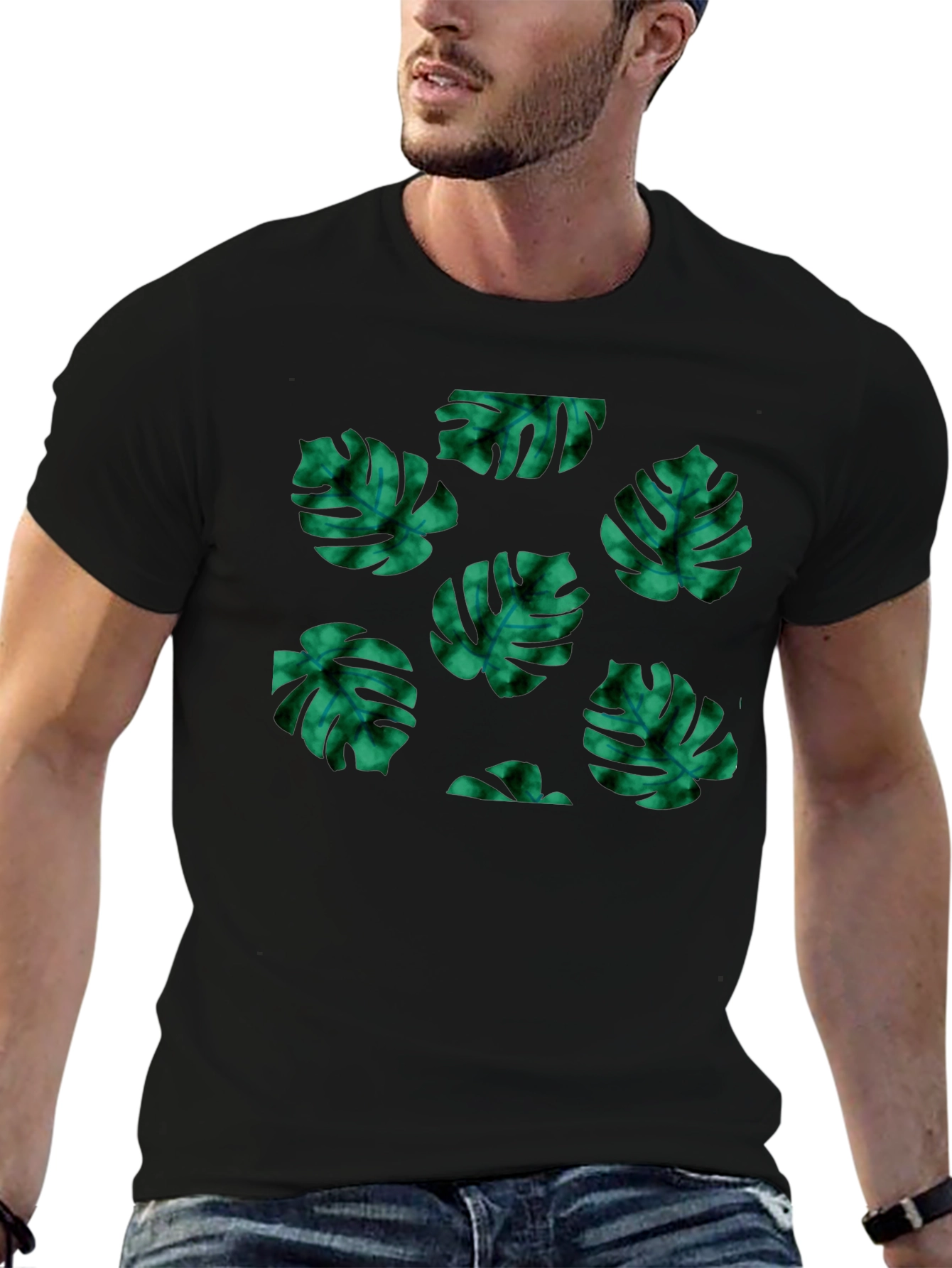 Tropical Leaf Pattern Black T-Shirt