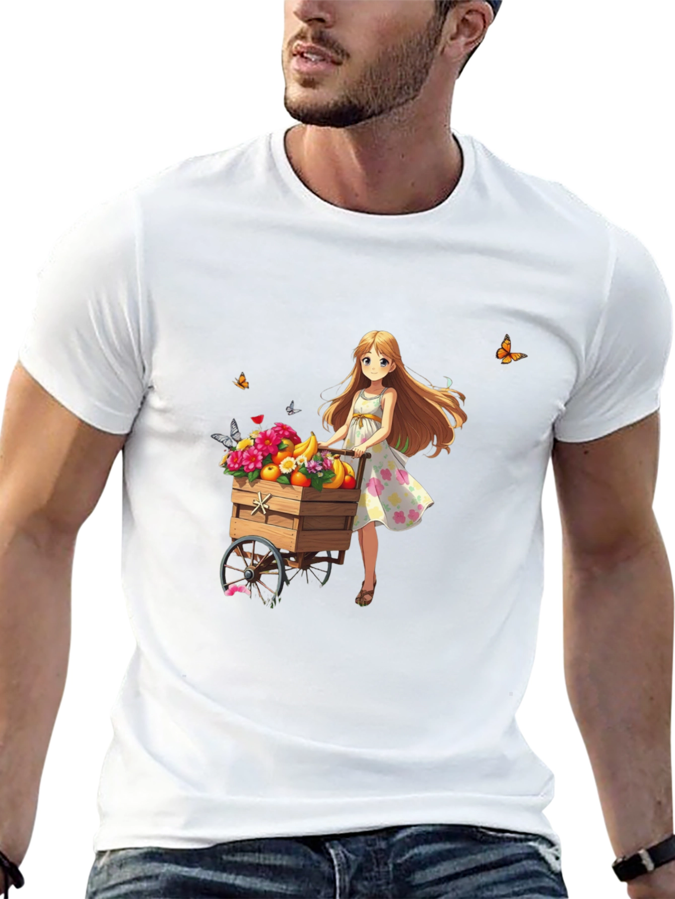 Anime Girl Fruit Cart Black T-Shirt