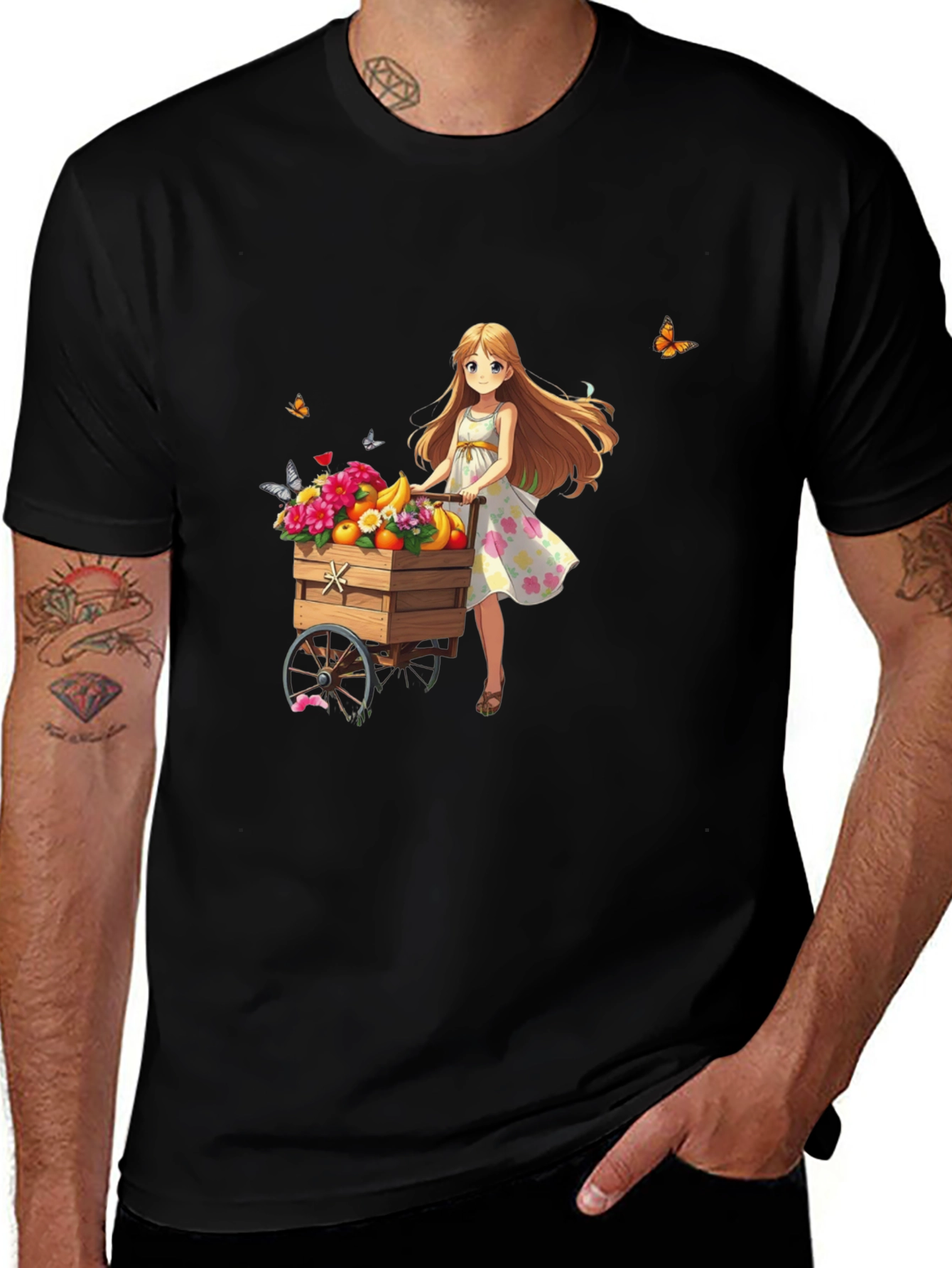 Anime Girl Fruit Cart Black T-Shirt