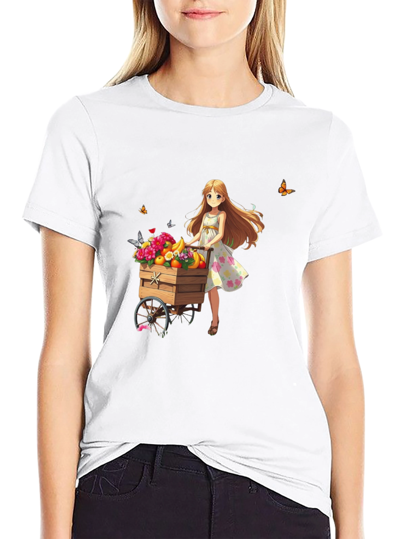 Anime Girl Fruit Cart Black T-Shirt