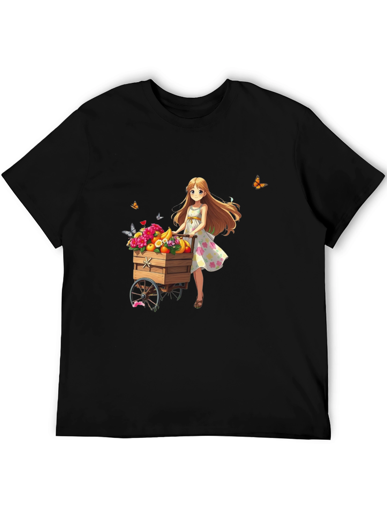 Anime Girl Fruit Cart Black T-Shirt
