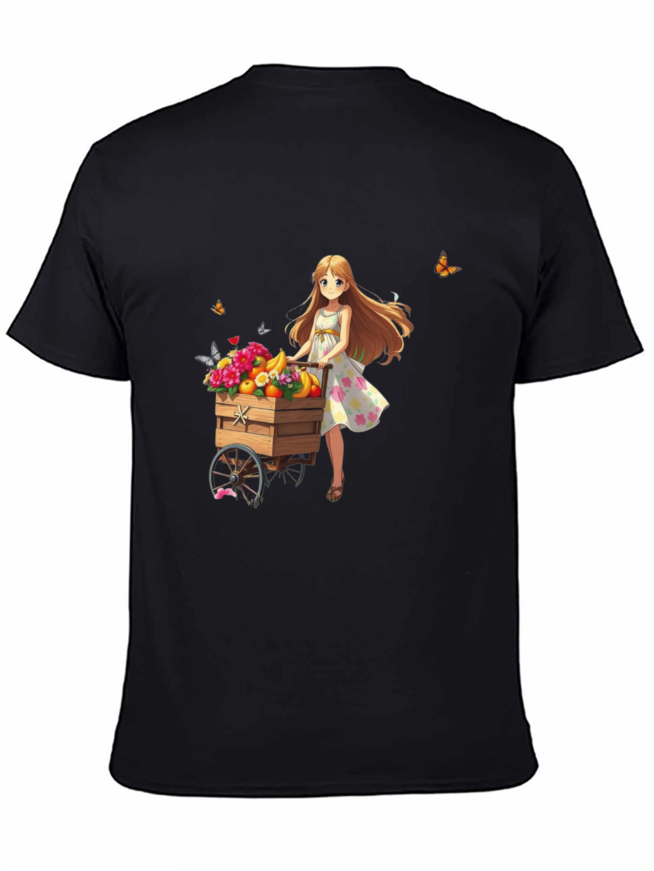 Anime Girl Fruit Cart Black T-Shirt