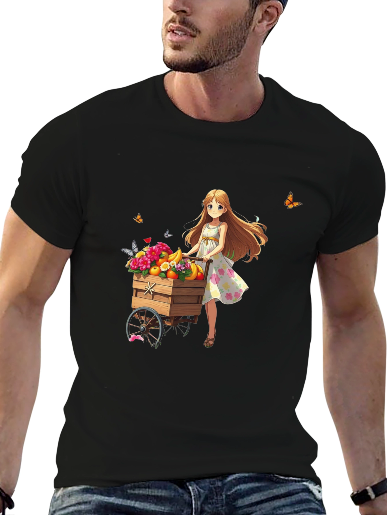 Anime Girl Fruit Cart Black T-Shirt