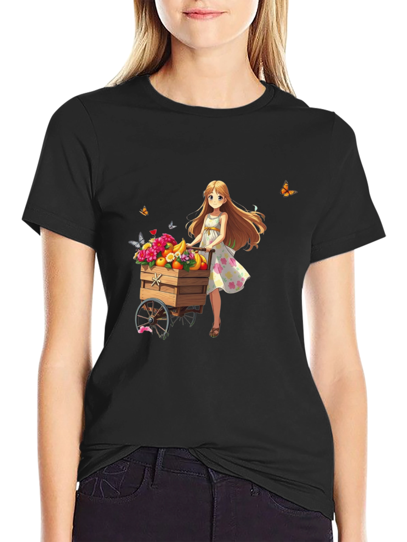 Anime Girl Fruit Cart Black T-Shirt