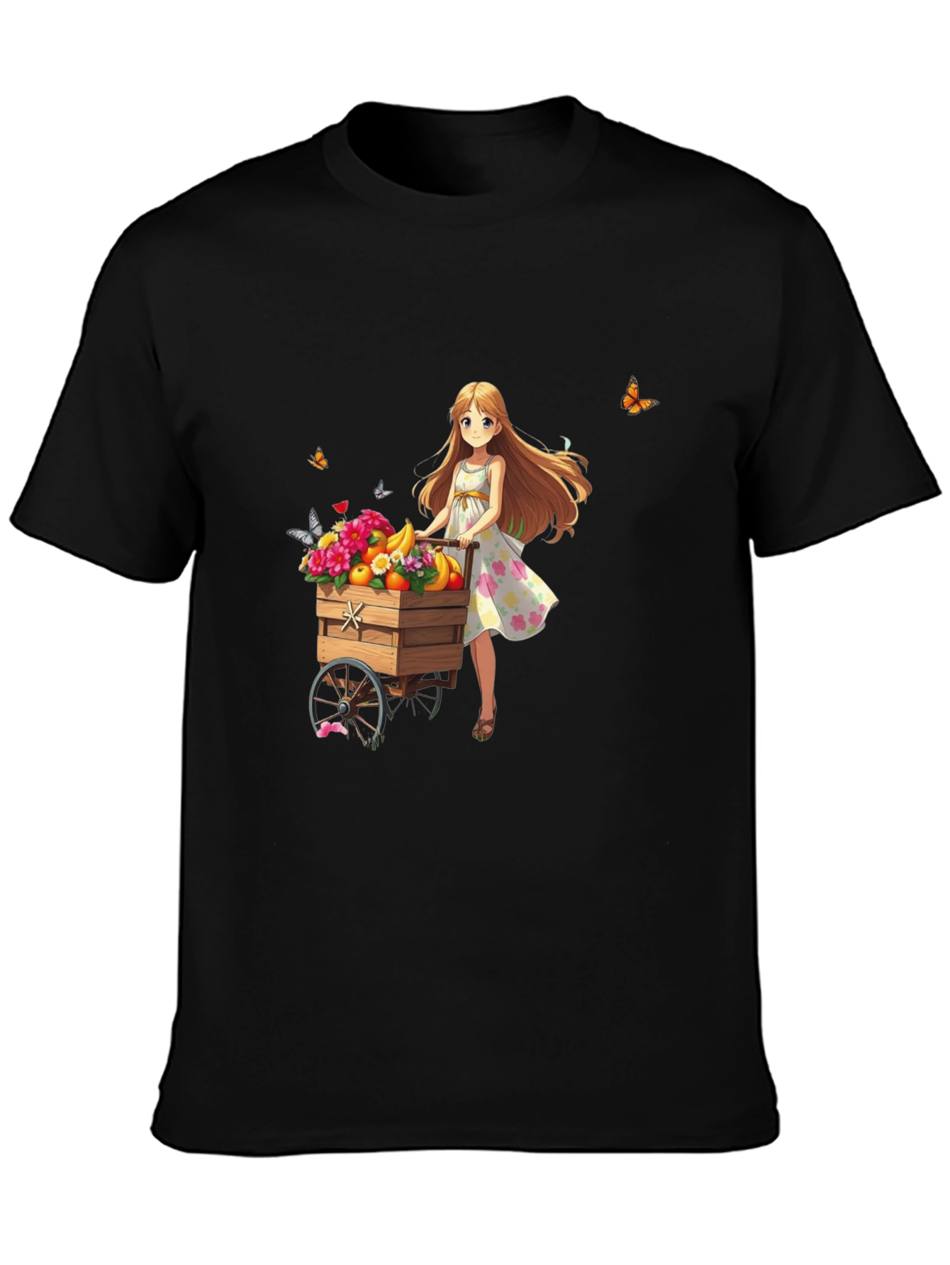 Anime Girl Fruit Cart Black T-Shirt