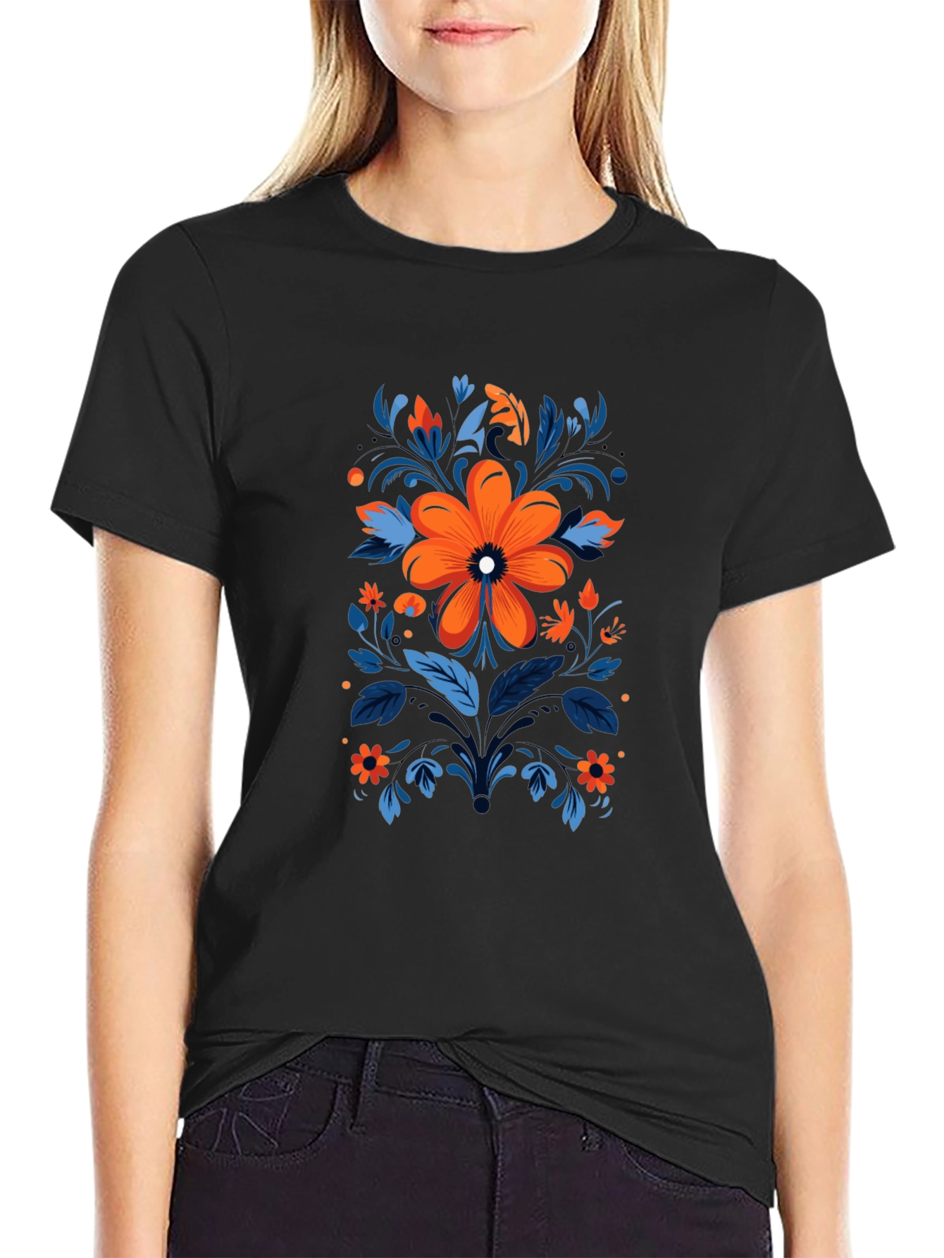 Floral Design Black T-Shirt