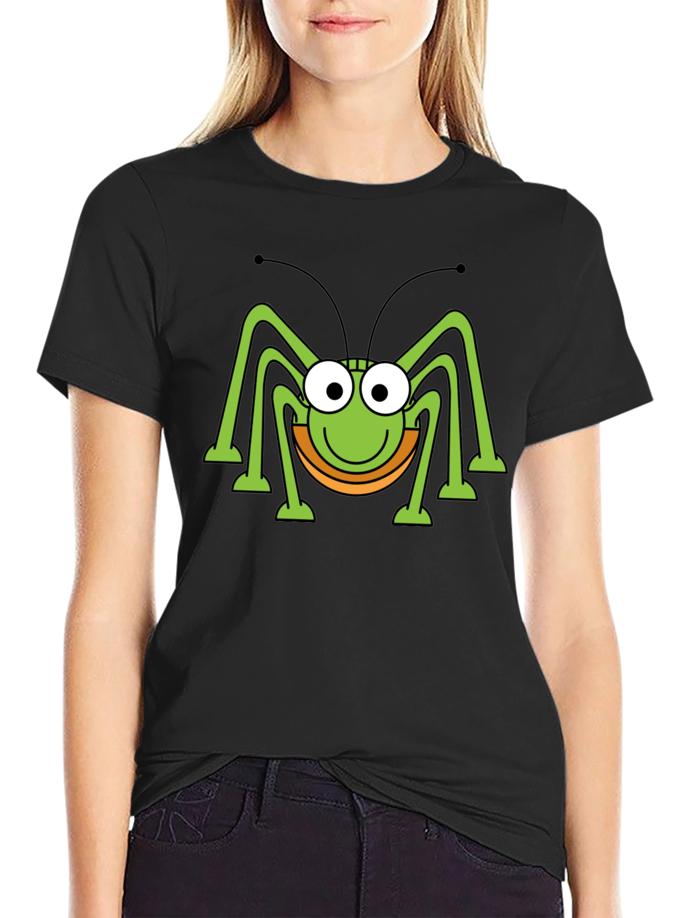 Funny Cartoon Bug Graphic Print Black T-Shirt