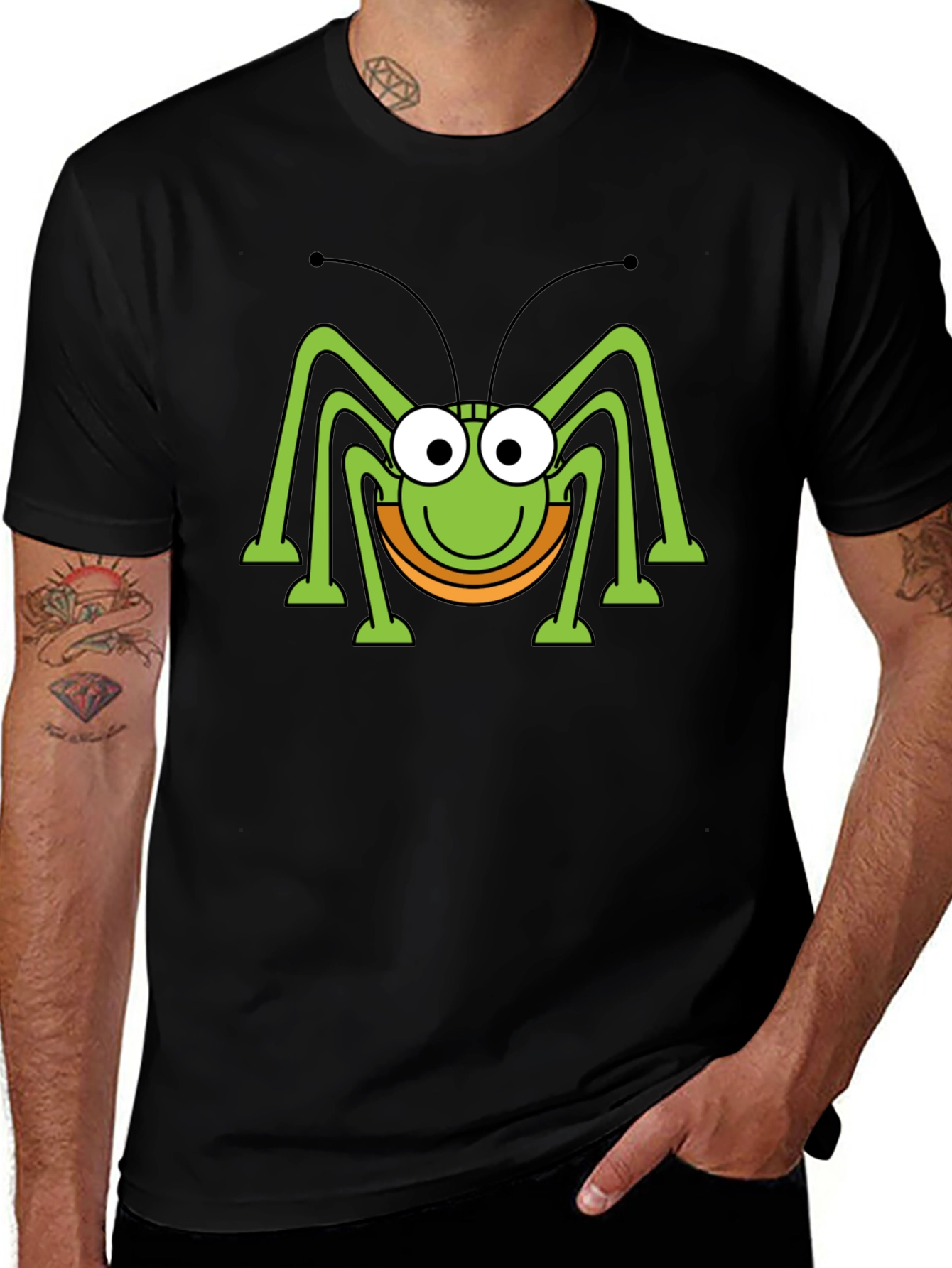 Funny Cartoon Bug Graphic Print Black T-Shirt