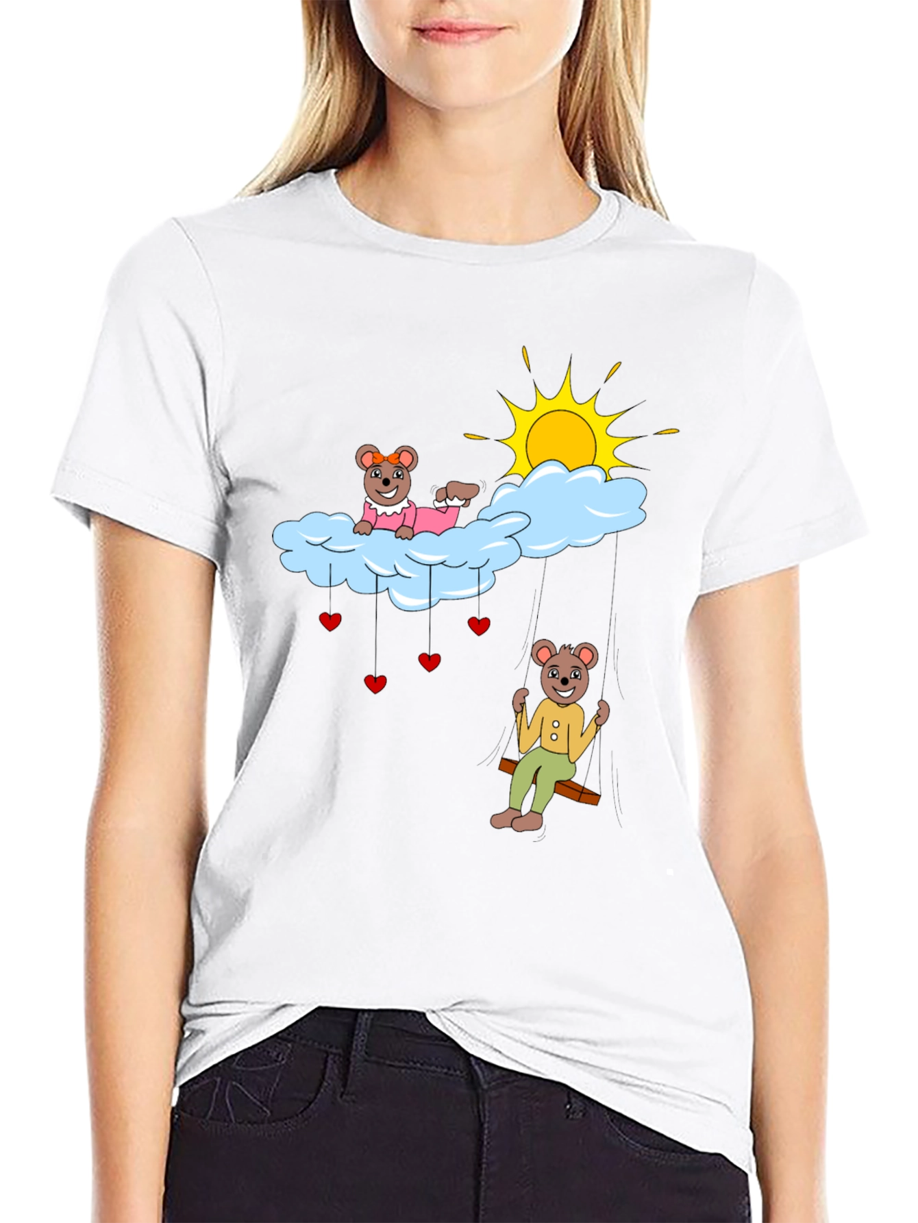 Cute Bear Couple Cloud Swing Graphic T-Shirt