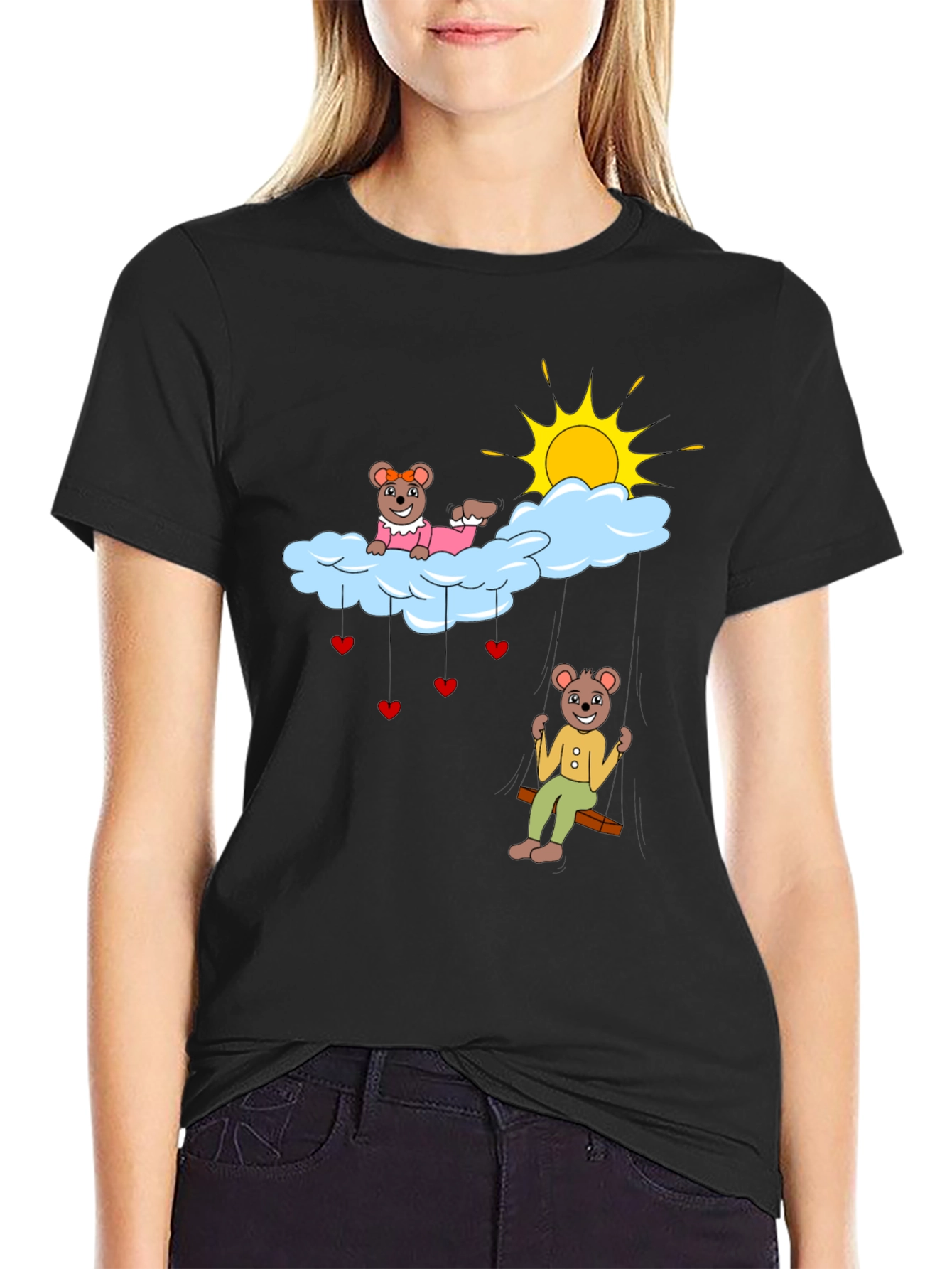 Cute Bear Couple Cloud Swing Graphic T-Shirt