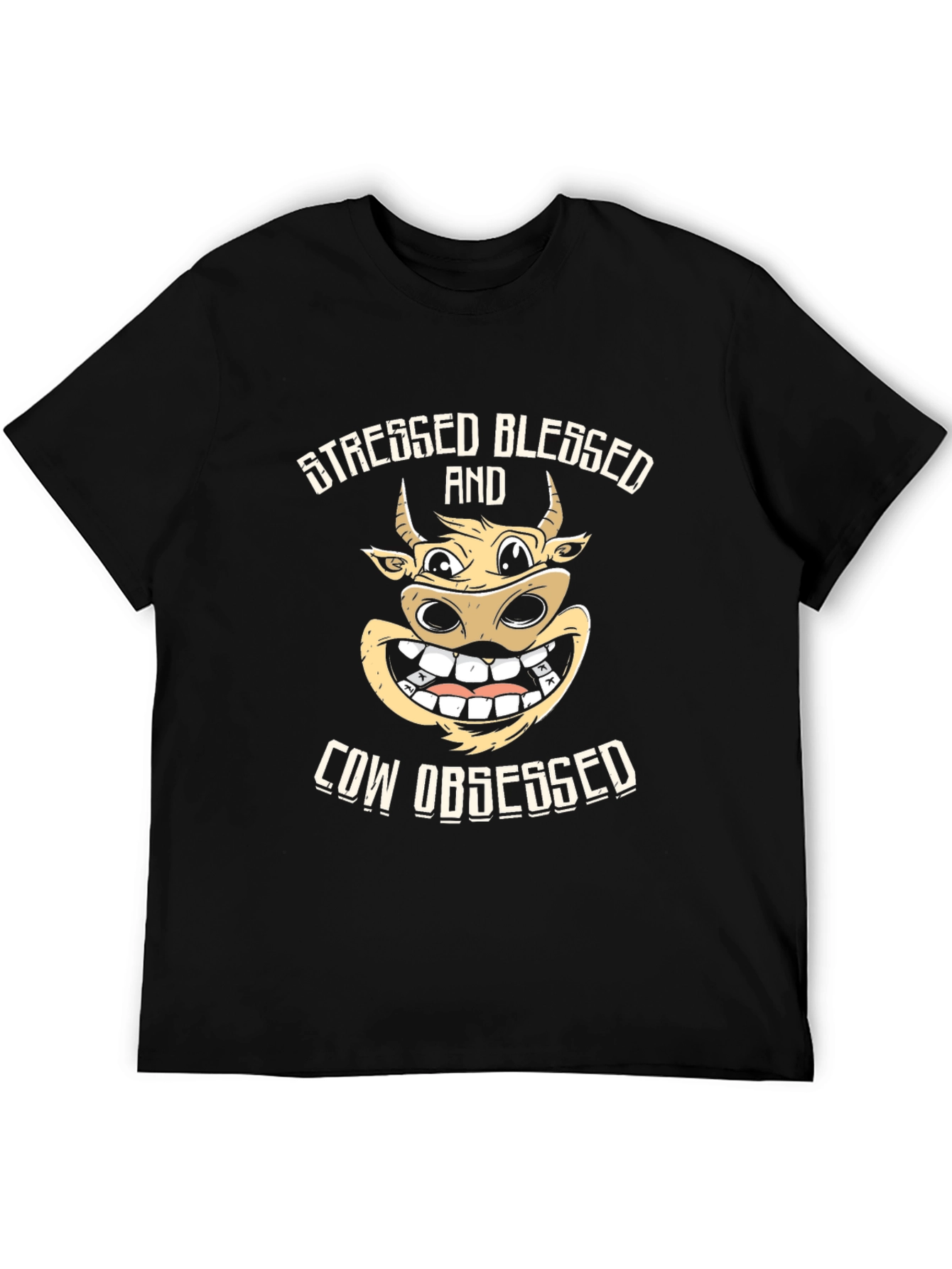 Stressed Blessed Cow Obsessed Black T-Shirt