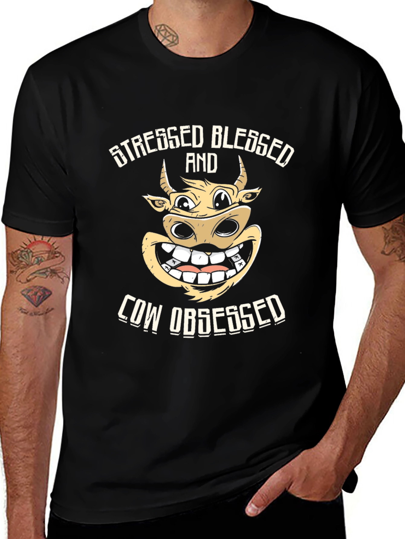 Stressed Blessed Cow Obsessed Black T-Shirt