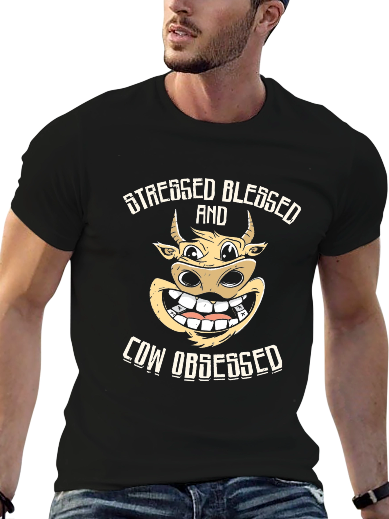 Stressed Blessed Cow Obsessed Black T-Shirt
