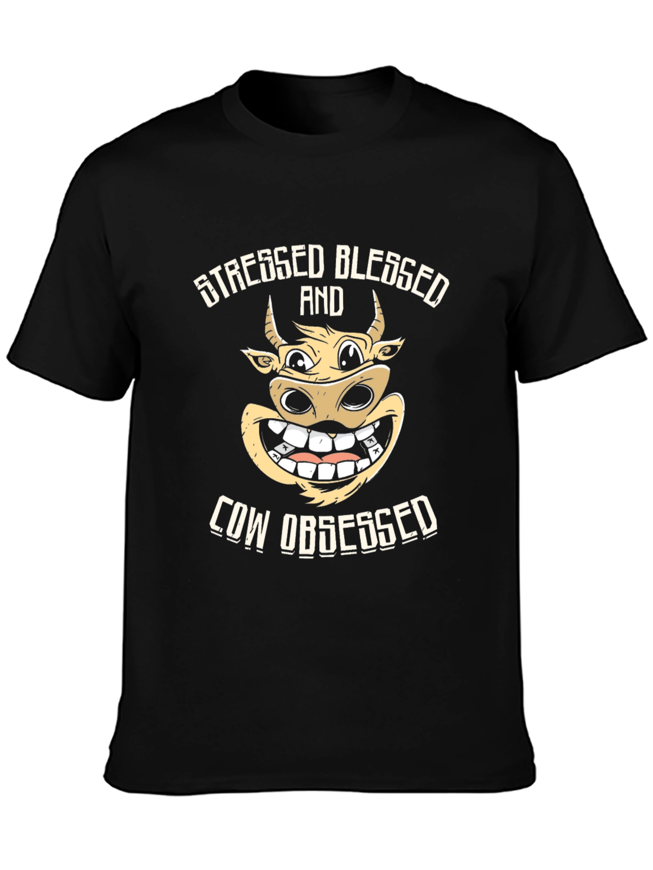 Stressed Blessed Cow Obsessed Black T-Shirt