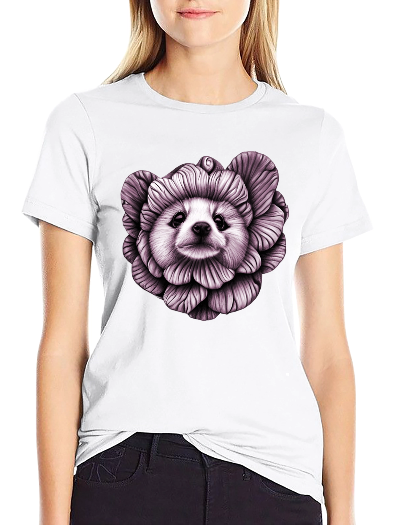 Floral Dog Graphic Black T-Shirt
