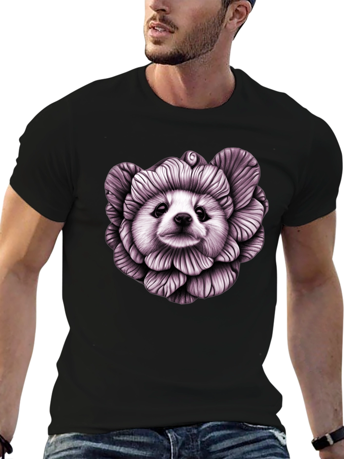 Floral Dog Graphic Black T-Shirt