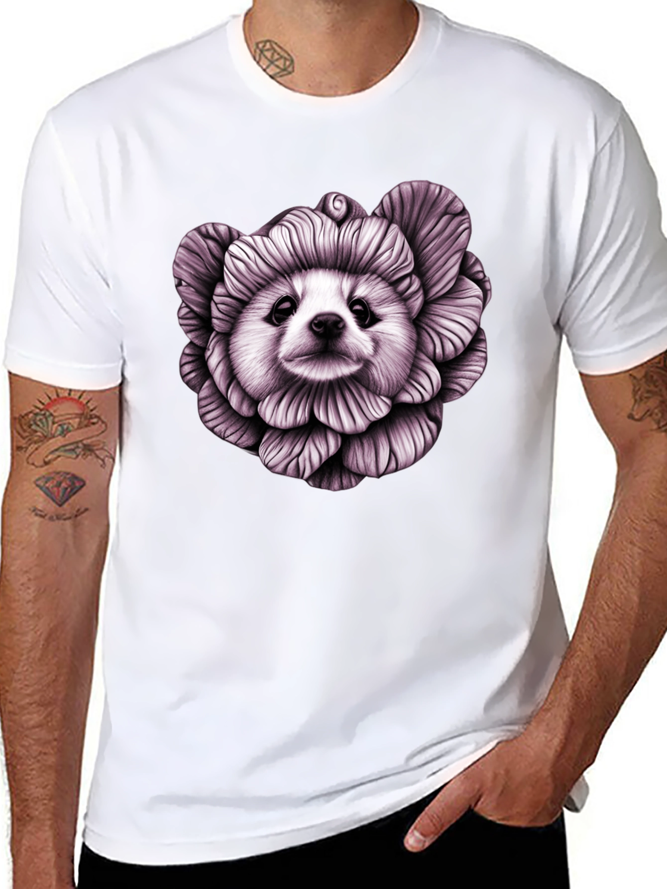 Floral Dog Graphic Black T-Shirt