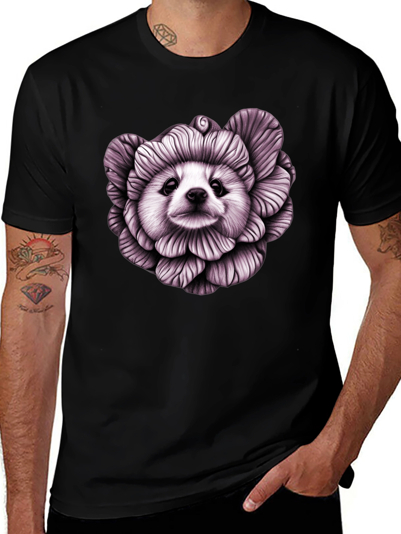 Floral Dog Graphic Black T-Shirt